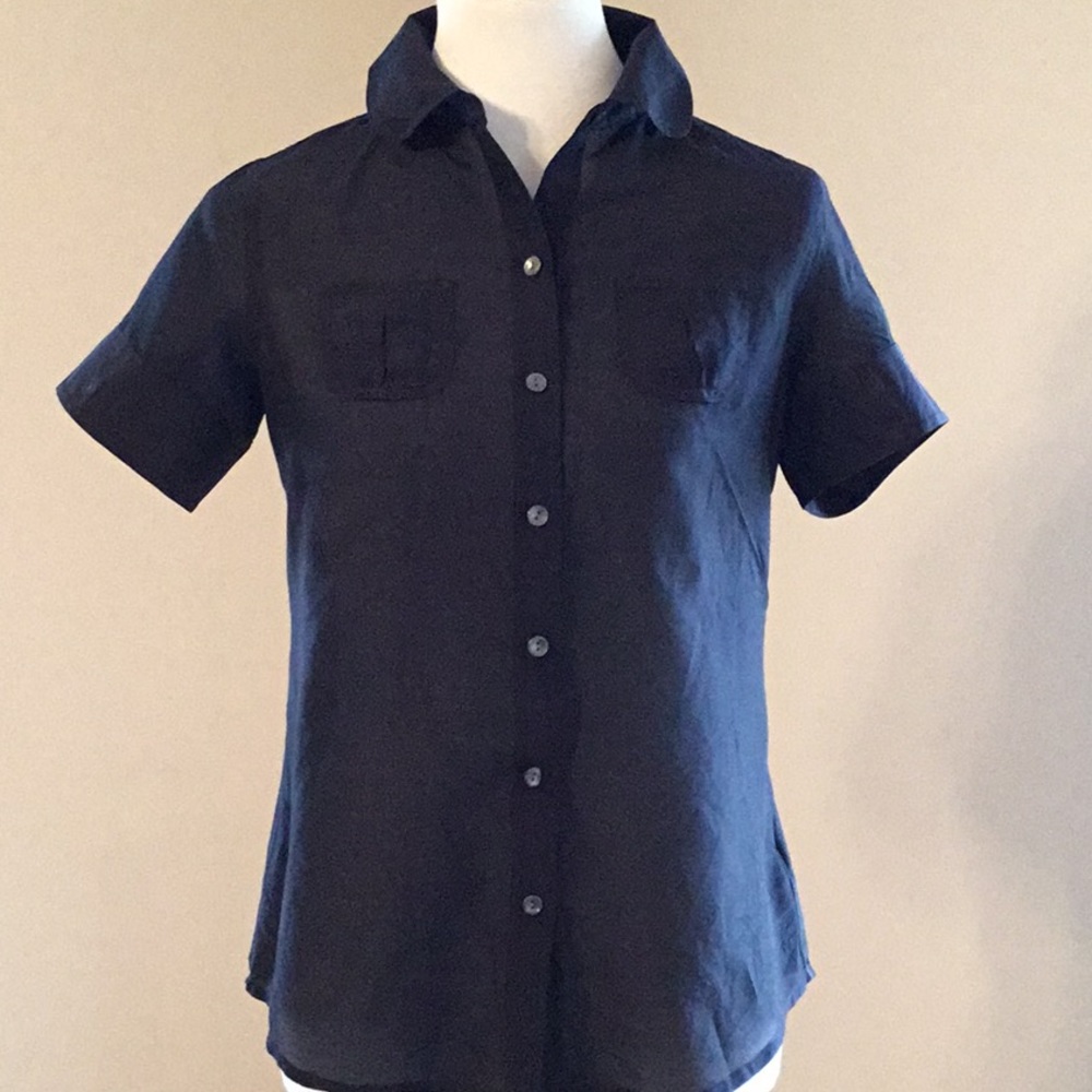 Banana Republic short sleeve, button up blouse, silk,navy blue, semi sheer,Small